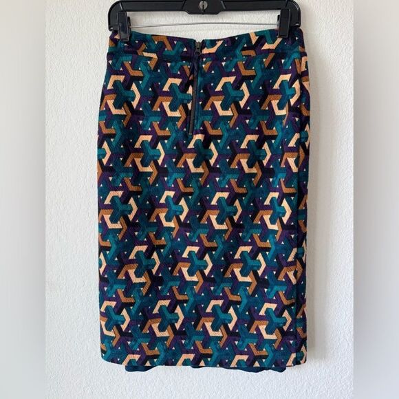 MAEVE Anthropologie Teal Geometric Pencil Skirt Sz S Knee-Length Bodycon Preppy - Picture 5 of 8